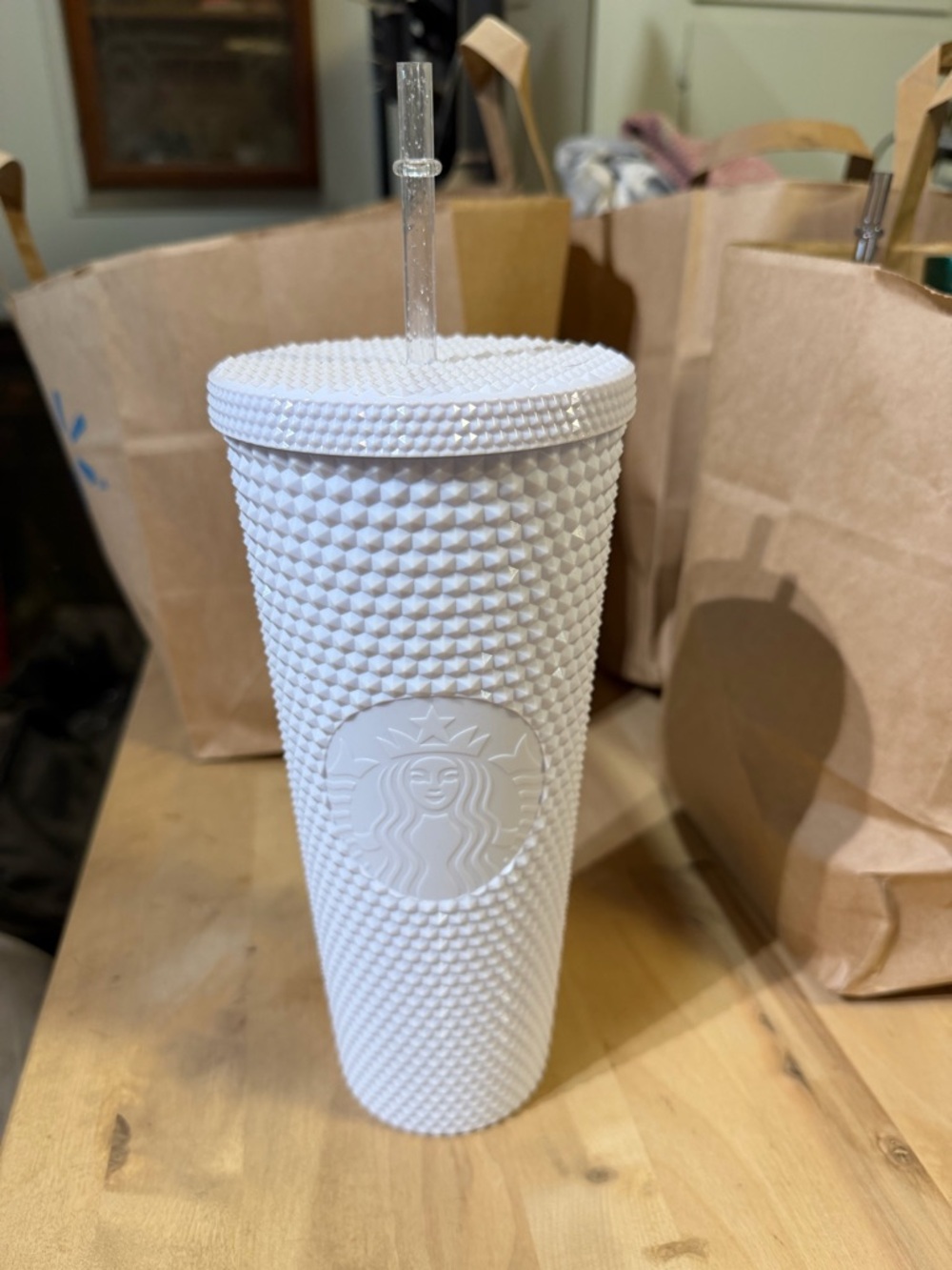 Starbucks White Textured Studded Cold Cup with Clear Straw